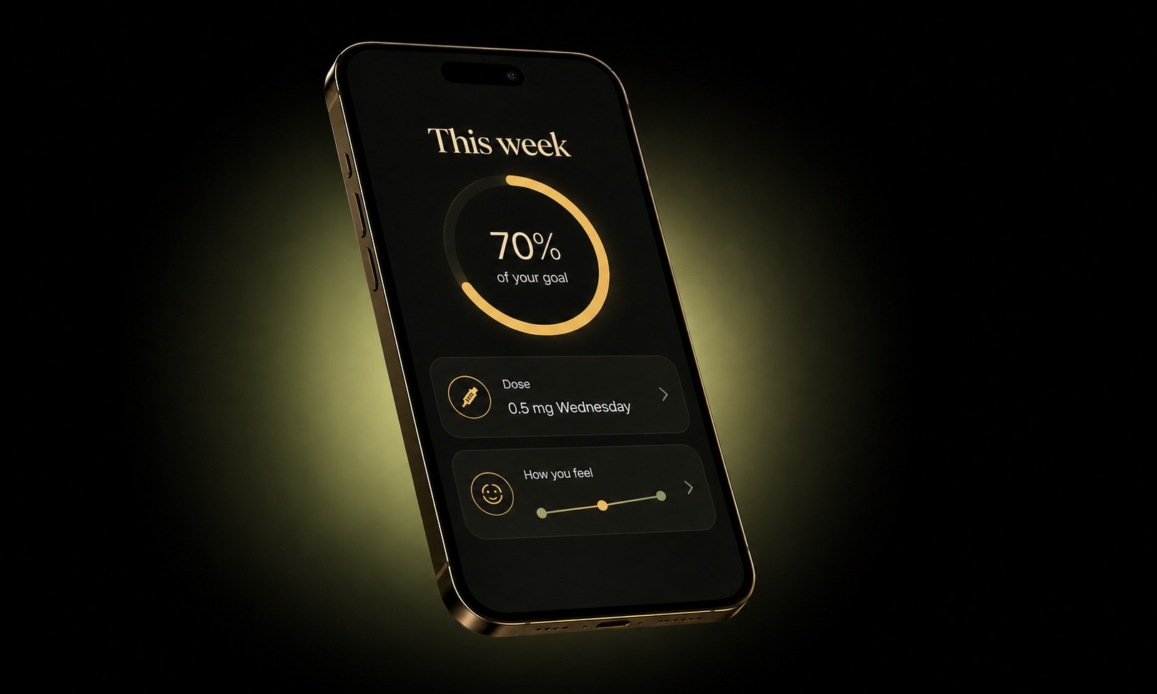 GLP-1 companion app showing 70 percent weekly progress