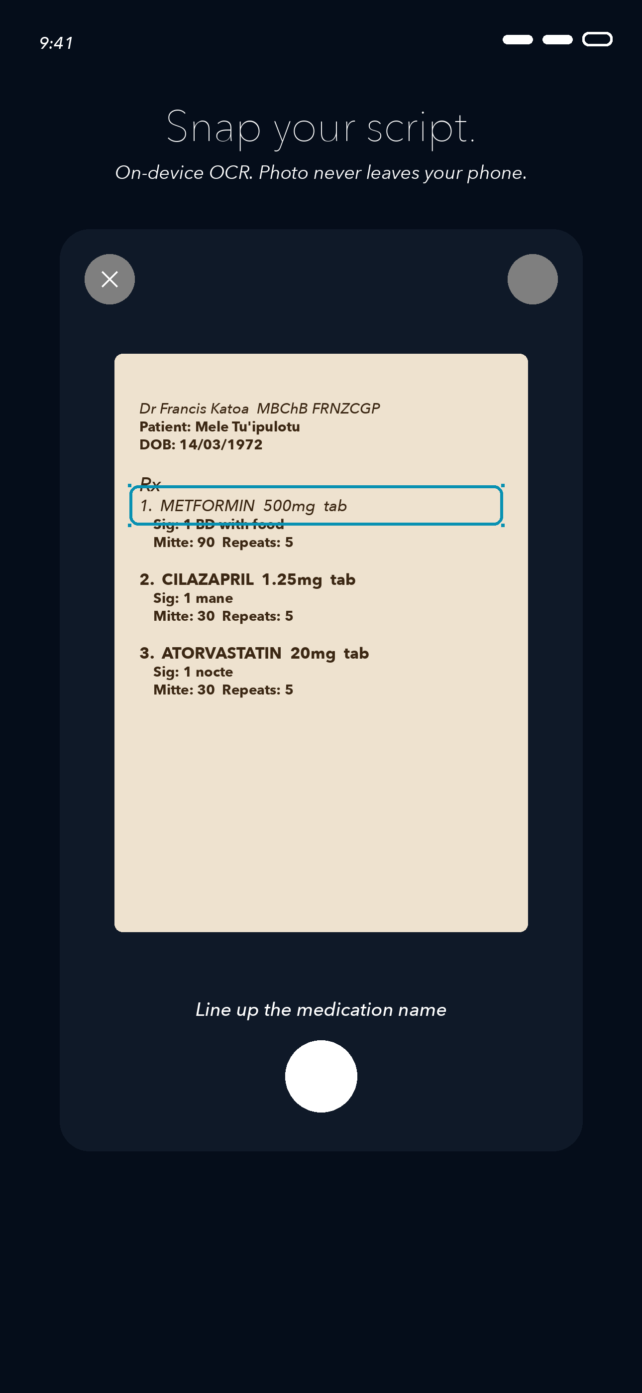 Mahino scanning a prescription with cyan guide overlay