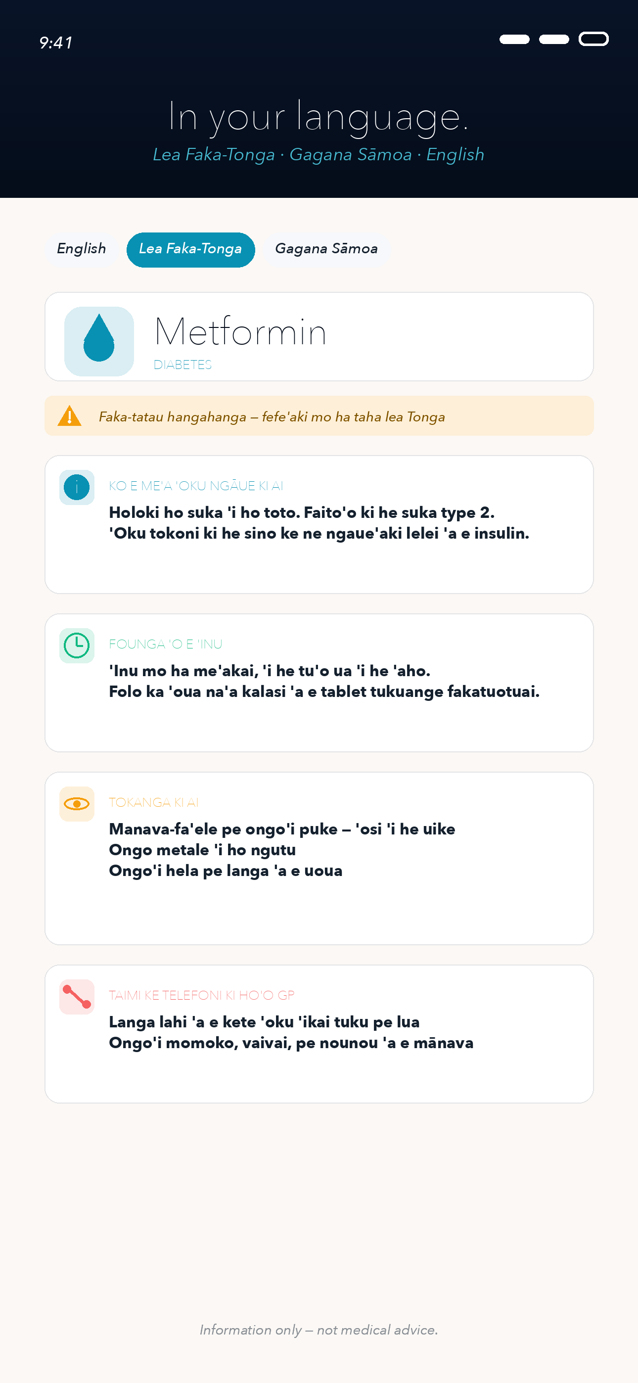 Metformin detail page rendered in Lea Faka-Tonga