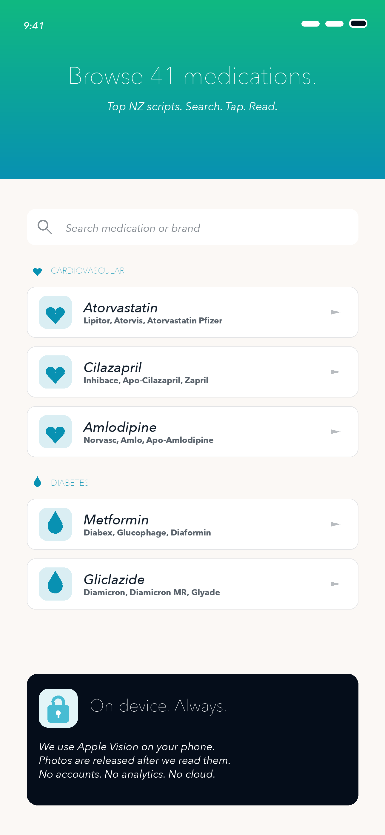 Mahino library of 41 medications with privacy promise